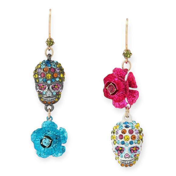Betsey Johnson sugar skull flower drop earrings - Picture 1 of 8